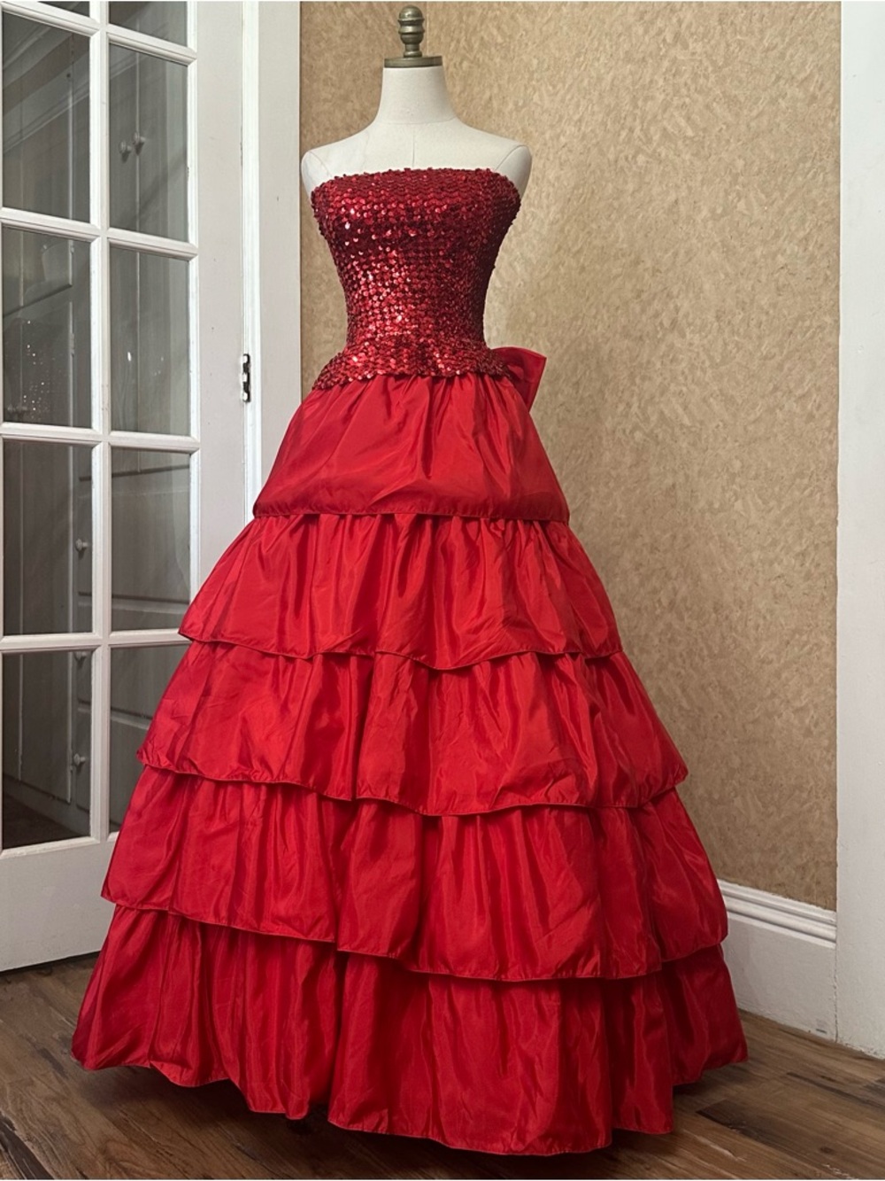 Vintage 80s Red Satin Tiered Ruffle Sequined Romantic Strapless Maxi Prom Dress